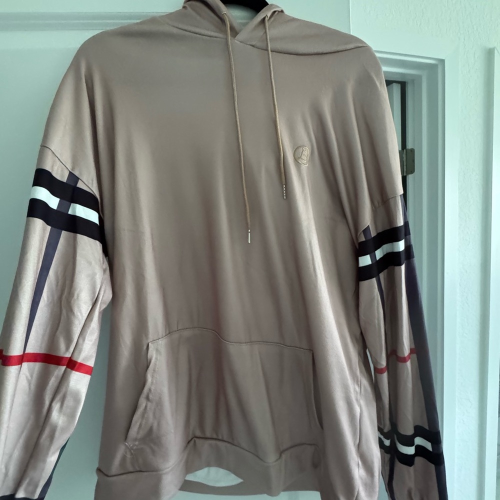 Beige Hoodie with Striped Sleeves